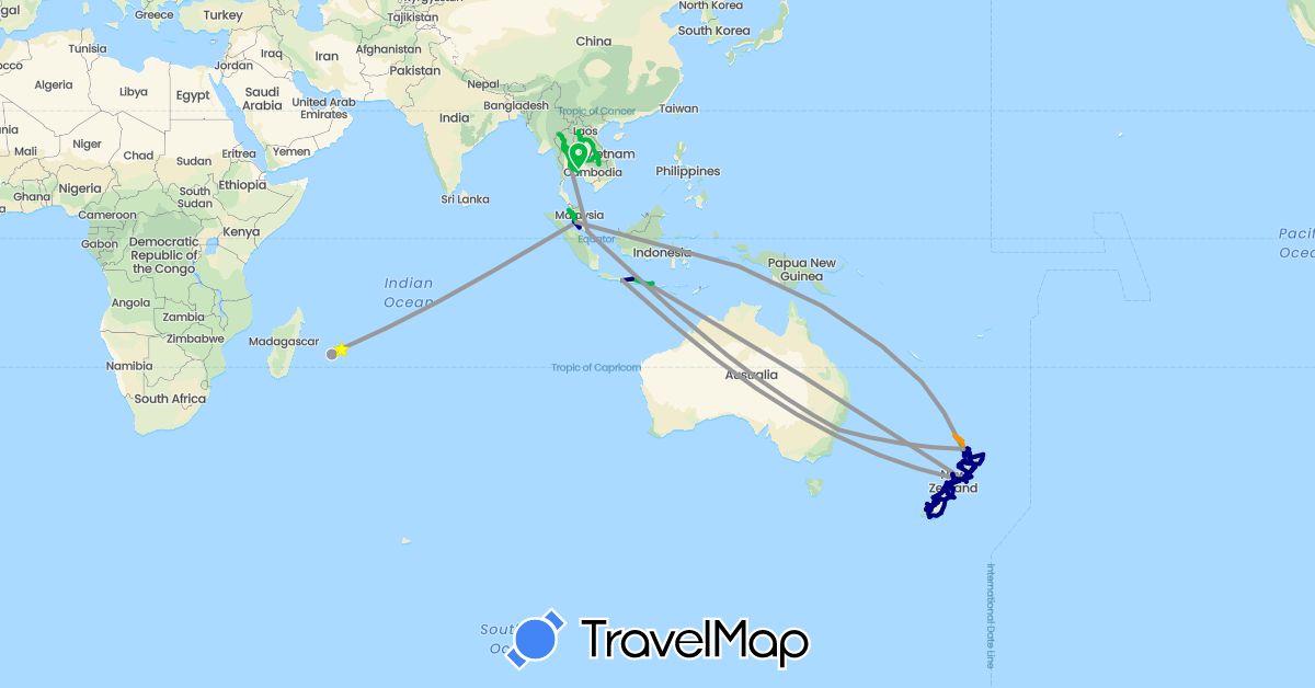 TravelMap itinerary: driving, bus, plane, boat, hitchhiking in Australia, Indonesia, Laos, Mauritius, Malaysia, New Zealand, Réunion, Singapore, Thailand (Africa, Asia, Oceania)